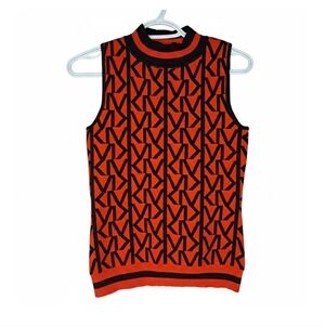 Karen Millen Red Black Monogram Mock Neck Knit Top size S